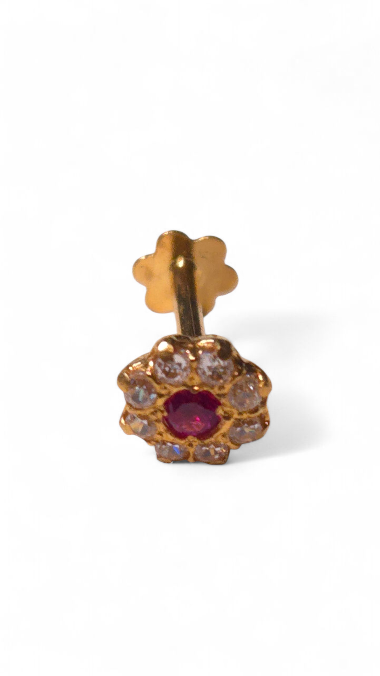 Ruby Center Floral Nose Pin | Clear Stone Halo Stud | Screw-Back Dainty Earstud