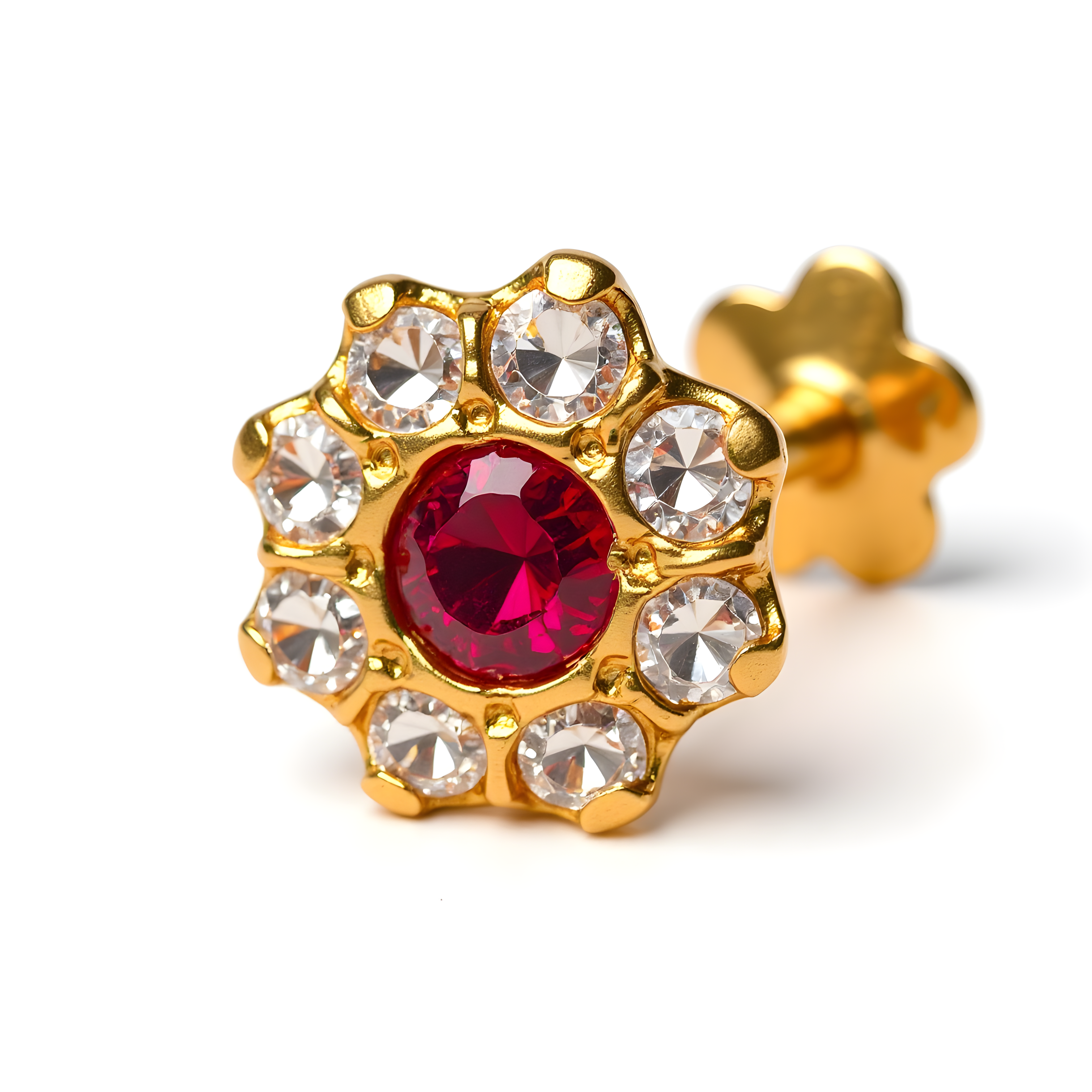Ruby Center Floral Nose Pin | Clear Stone Halo Stud | Screw-Back Dainty Earstud